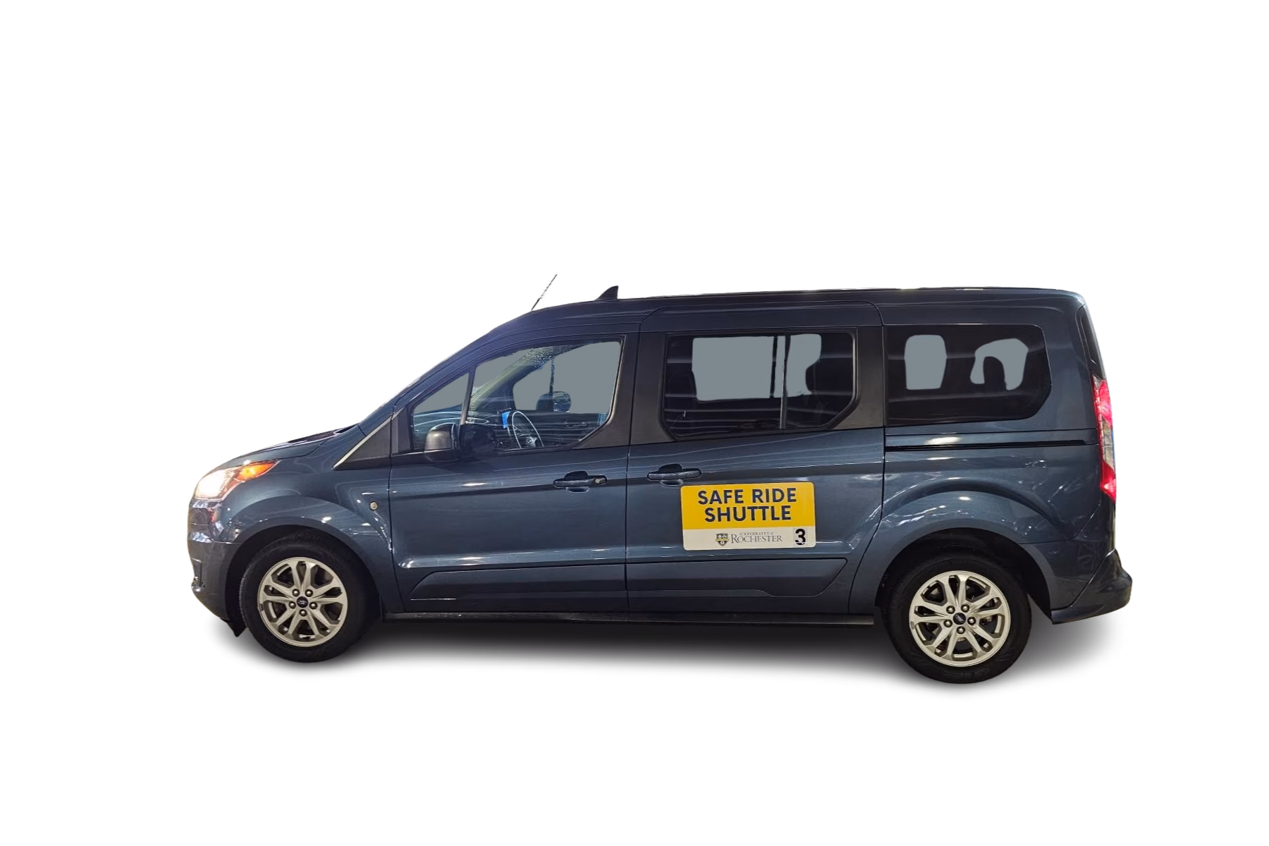 Blue van with a yellow and white sign on the side with the message Safe Ride shuttle.