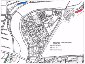 River Campus showing highlighted parking areas: zone 3 north, rink lot, and brooks crossing