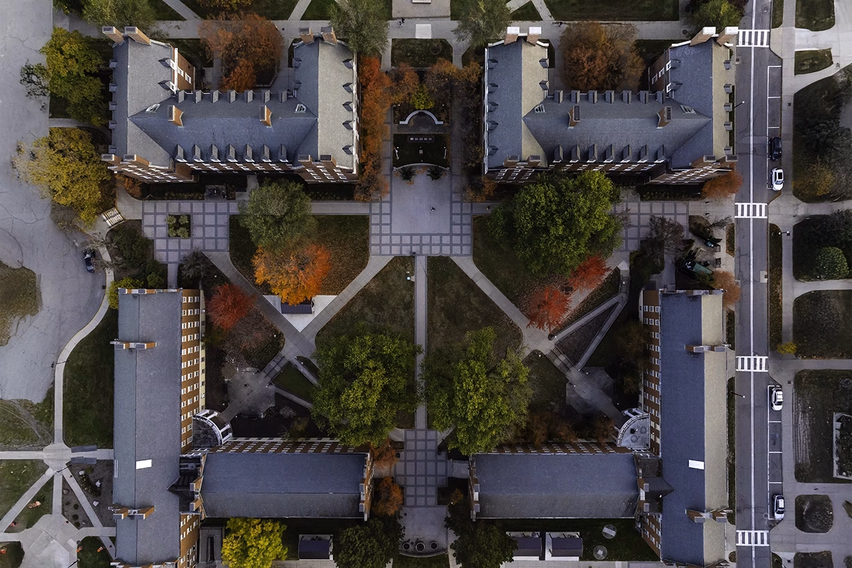 Aerial view of the Residential Quad.